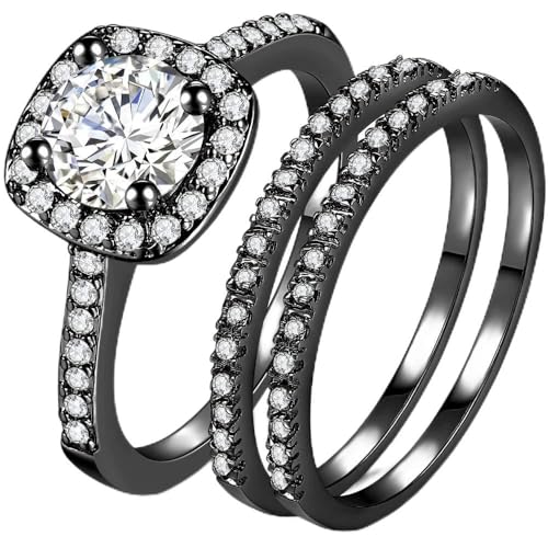 Jude Jewelers Silver Rose Gold Three-in-One Wedding Engagement Bridal Halo Ring Set - color: Black