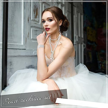 Bonuci 12 Pcs Women Pearl Jewelry Set Pearl Necklace Bracelet Earrings with Rhinestone for Wedding Birthday Bridal Tea Party - style: Classic