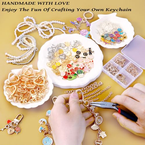 Wurosi 544Pcs Bag Charm Kit, Charms Lip Gloss Keychain Making Kit | with Key Chain Hooks, Charms, Chains, Jump Rings, Lobster Clasps, Plier, Gift Bags & Tools, for DIY Craft Supplies Gifts - color: 544 Pcs Gold Keychain Kits