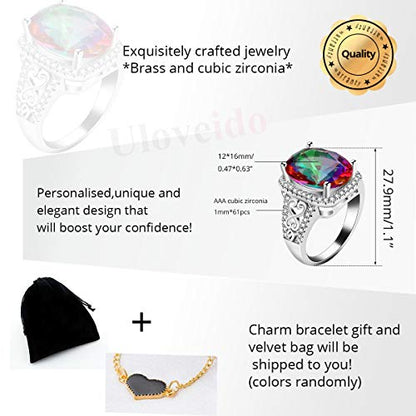 Uloveido White Gold Plated Big Oval Multicolor Cubic Zirconia Crystal Anniversary Cocktail Rings for Women Y585