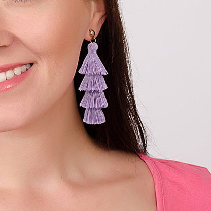 BaubleStar Bohemian Layered Tassel Drop Earrings for Women | Lightweight Statement Party Festival Jewelry - color: Lavender