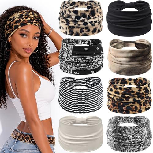 Awumbuk Wide Headbands for Women Knotted Non Slip, 8 Pack Soft Head Bands to Hide Hairline, Fashion Boho Style Bandana, Moisture Wicking Hair Bands for Workout Sports Yoga Makeup - color: Leopard print gray