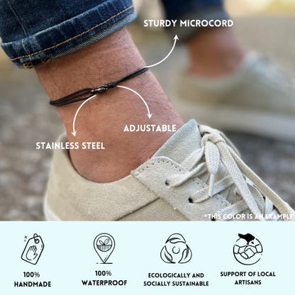 Made by Nami Surfer Anklet with Snap Hook Clasp Waterproof & Adjustable Thin String Ankle Bracelets for Women and Men Handmade Jewelry for Beach and Music Festival Accessories - color: Retro Silver