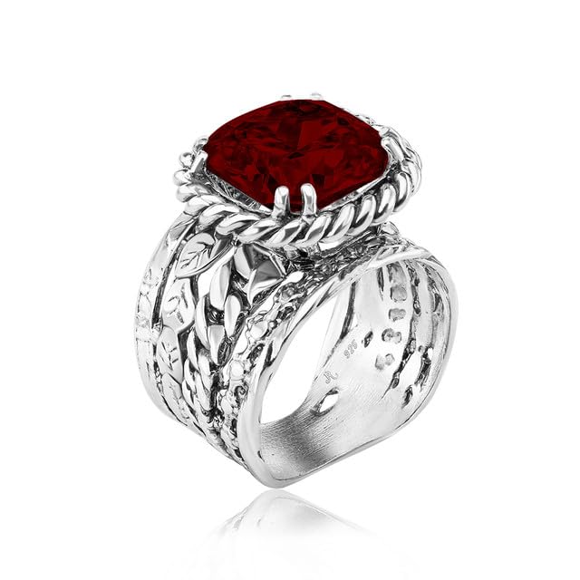 JEAN RACHEL JEWELRY 925 Sterling Silver Braid Leaf Cushion Ring | Ornate statement ring beautifully adorned with sculpted leaf motifs, twisted rope braids, and a CZ center stone. - color: Garnet CZ