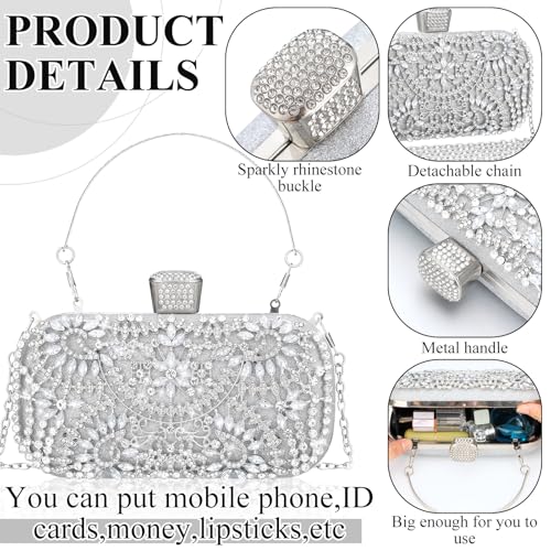 Quelay 4 Pcs Purse Rhinestone Jewelry Set for Wedding Bridal Women Handbag with Necklace Bracelet Dangle Earrings(Classic,Silver)