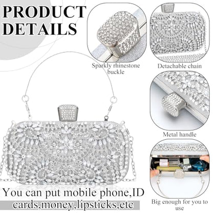 Quelay 4 Pcs Purse Rhinestone Jewelry Set for Wedding Bridal Women Handbag with Necklace Bracelet Dangle Earrings(Classic,Silver)