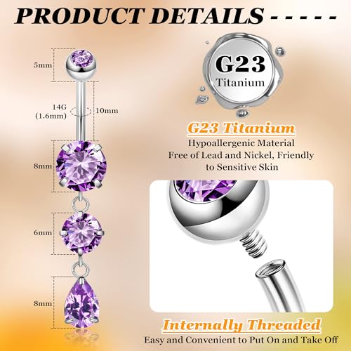 14G G23 Titanium Dangle Belly Button Ring for Women Dangling Navel Rings Hypoallergenic Teardrop Shiny CZ Belly Ring Internally Threaded Navel Piercing Jewelry - color: Purple