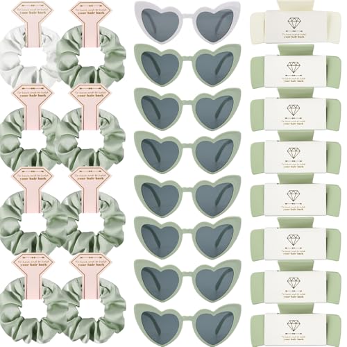 Bridesmaid Scrunchies Proposal Hair claws clips Set of 12 Bridal Shower heart sunglasses Gifts for Wedding Bachelorette Party Favors (24pcs White&Sage Green) - color: 24pcs White&Sage Green