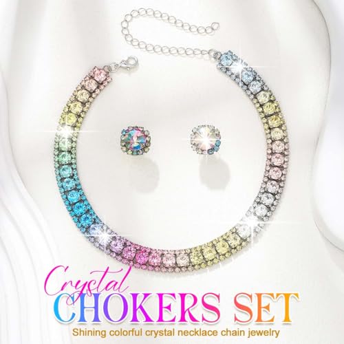 CLOACE Rhinestone Bridal Wedding Jewelry Set Sparkly Chocker Necklaces Earrings Prom Jewelry Accessories for Women - color: Colorful