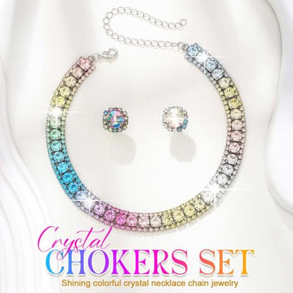 CLOACE Rhinestone Bridal Wedding Jewelry Set Sparkly Chocker Necklaces Earrings Prom Jewelry Accessories for Women - color: Colorful