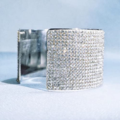 Rhinestone Bracelet Crystal Arm Cuff Bangle Bracelets for Women Adjustable | Open Cuff, Wide Arm Bangle, Stretchable, Hypoallergenic, Bridal Jewelry, for Prom Cocktail Party Wedding Dating - color: Silver