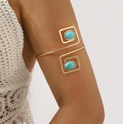 XAM Retro Turquoise Geometric Open Cuff Bracelet - Metal Arm Bands with Stone Inlays for Women, Bohemian Festival Jewelry - color: A