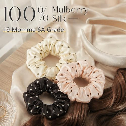 ZIMASILK 100% Pure Mulberry Silk Hair Scrunchies for Women | No Damage - Gentle Elastic Hair Ties for Ponytail Holder - Hair Accessories (3 Pack, Polka Dot) - color: Polka Dot (3pcs)