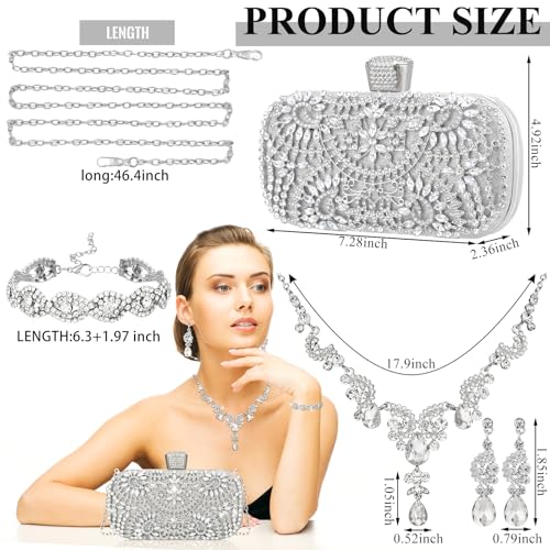 Quelay 4 Pcs Purse Rhinestone Jewelry Set for Wedding Bridal Women Handbag with Necklace Bracelet Dangle Earrings(Classic,Silver)