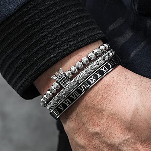 WFYOU 3PCS Stainless Steel Imperial Crown Bracelets for Men Gold Roman Numeral Bangle Bracelet Adjustable Cuff Bracelet Mens Luxury Jewelry Gifts - style: 02:Silver-Roman Numeral