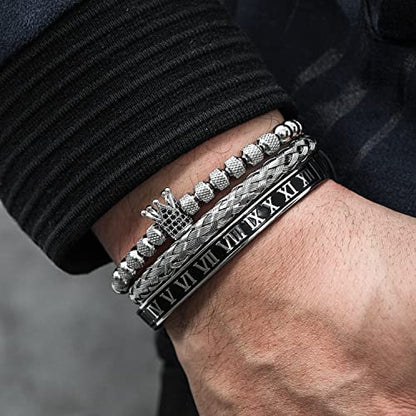 WFYOU 3PCS Stainless Steel Imperial Crown Bracelets for Men Gold Roman Numeral Bangle Bracelet Adjustable Cuff Bracelet Mens Luxury Jewelry Gifts - style: 02:Silver-Roman Numeral