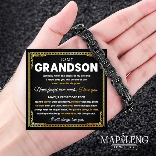 Grandson Gifts from Grandma Grandpa, Black Stainless Steel Bracelet with Meaningful Message Card, Birthday Gift for Grandson, Graduation Christmas Gift, Inspirational Keepsake Jewelry for Men - color: Grandson #7