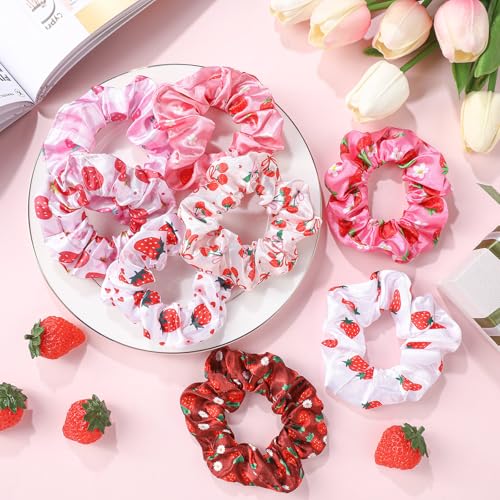 80 Pcs Summer Strawberry Satin Hair Scrunchies for Women Fruit Party Favors Silk Hair Ties Elastic Bands Ropes Ponytail Holders Ties Accessories Summer Wedding Party - style: Strawberries