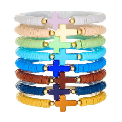 Friendship Bracelets for Women - Heishi Surfer Colorful Smile Evil Eye Clay Beaded Stretch Bracelets Elastic Layering - Stackable Boho Disc Y2K Aesthetic Summer Jewelry Set. - color: C-cross Rainbow 8pc - Cool
