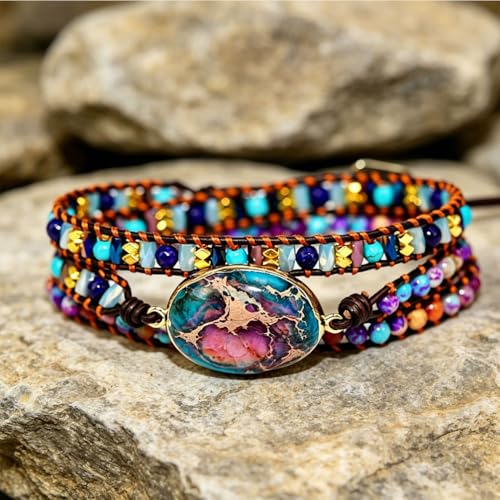 Handmade Boho Wrap Bracelets Natural Turquoise Crystal Stone Variety Beaded Strand Bracelet - color: Purple