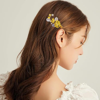 Wedding Hair Clips, Crystal Hair Pins Pearl Rhinestone Hair Barrettes, Bridal Flower Hair Pieces Pearl Headpieces Hair Accessories for Women Girls (Yellow) - color: Yellow