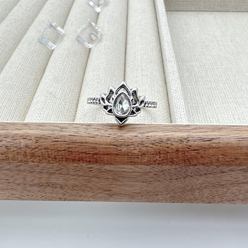 Lotus Ring for Women - Zircon Inlaid Flower Promise Ring - My Trauma Inspirational Statement Floral Jewelry Gift - color: white