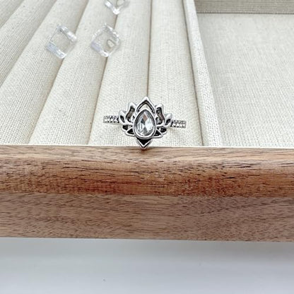 Lotus Ring for Women - Zircon Inlaid Flower Promise Ring - My Trauma Inspirational Statement Floral Jewelry Gift - color: white