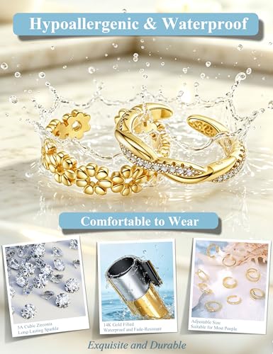 9Pcs 14K Gold Filled Toe Rings for Women Non Tarnish Waterproof Toe Ring Set Adjustable Dainty Simple CZ Open Band Toe Rings Beach Summer Foot Jewelry