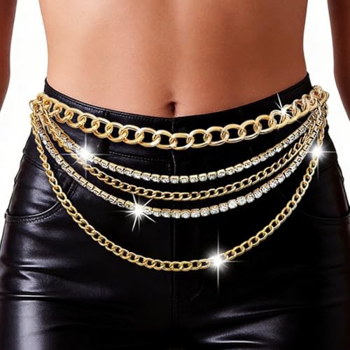 Rhinestone Sparkly Waist Chain Gold Layered Waist Chains Crystal Belly Chain Tassels Body Jewelry for Women