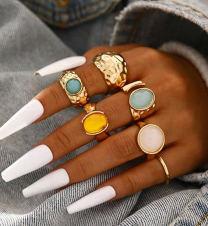 iF YOU 25 Pcs Gold Stackable Ring Set for Women, Chunky Knuckle Finger Midi Rings, Silver Simple Stacking Cute Rings Pack Trendy Stuff Jewelry Gift - style: 10 Chunky gold gem rings