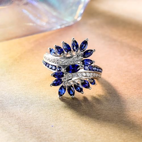 Statement Flower Ring Cocktail Leaf Ring Birthstone Anniversary Signet Ring | Hypoallergenic|14K Gold Plated|Sterling Silver Sparkling Engagement Promise Party Ring for Women, Size 6 to 10(With Box) - color: Leaf - Sapphire