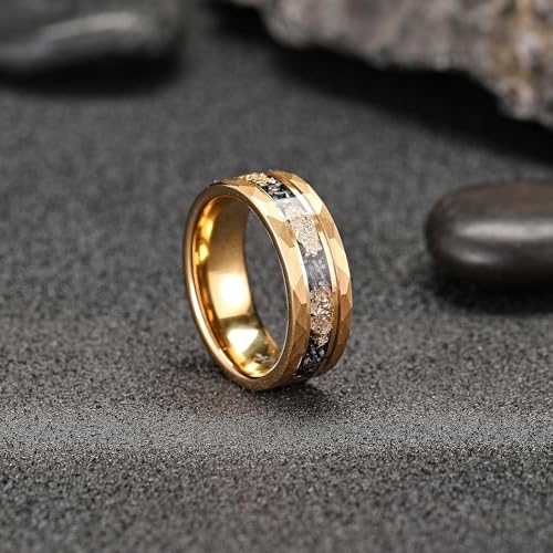 Mens Tungsten Carbide Wedding Bands 8mm Black Hammered Edge Gold Foil Inly Durable Scratch Proof Stainless Steel Cool Promise Ring for Him Comfort Fit - color: Gold-8mm