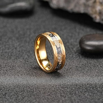 Mens Tungsten Carbide Wedding Bands 8mm Black Hammered Edge Gold Foil Inly Durable Scratch Proof Stainless Steel Cool Promise Ring for Him Comfort Fit - color: Gold-8mm