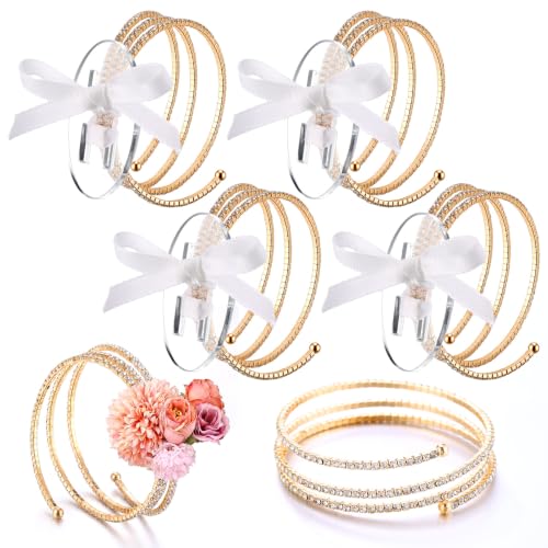 Hotop 4 Set Gold Corsage Wrist Bracelet Rhinestone Circle Bands Bride Bracelet Adjustable Wrist Corsage DIY Wedding Wristband Accessory for Bridal Party Prom - color: Gold, style: Rhinestone Circle