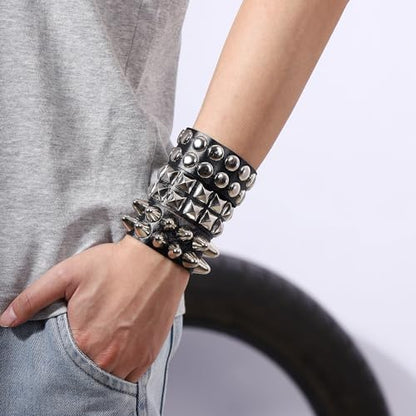 Mens Bracelet Braided Leather Punk Rock Cuff Bracelets Wrap Bracelet for Men Women Black - color: E1:3PCS