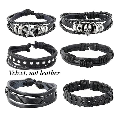 MILAKOO 6Pcs Punk Leather Bracelets for Women Men Braided PU Wristband Skull Skeleton Accessories - color: G: Black