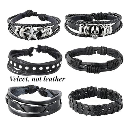 MILAKOO 6Pcs Punk Leather Bracelets for Women Men Braided PU Wristband Skull Skeleton Accessories - color: G: Black