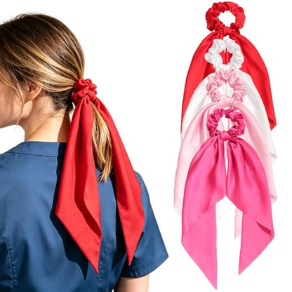 4PCS Hair Scarf Scruncheis for Women Knotted Bow Hair Ties Elastic Bands Satin Hair Ribbon Scrunchy Red Ponytail Holder for Women and Girls (Red/Pink/White Set) - color: Red/Pink/White Set