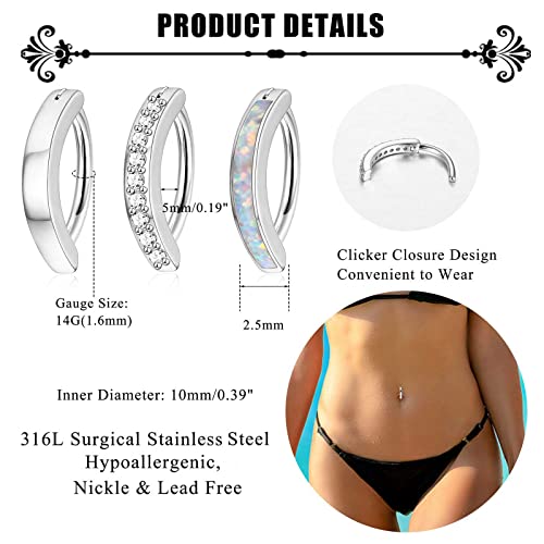 Jstyle 3Pcs 14G Clicker Belly Button Ring for Women - Gold 316L Surgical Steel, Cute CZ Opal Small Hoop, Simple Reverse Navel Piercing Jewelry - color: Silver
