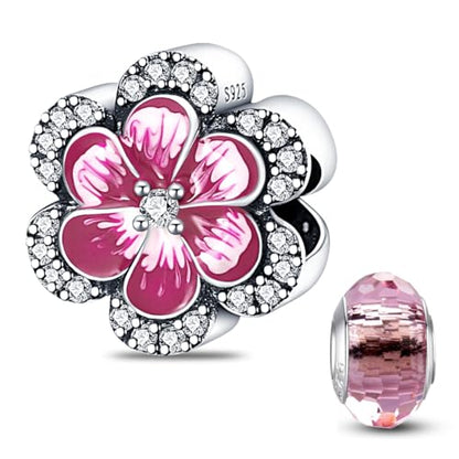 HappyStar 925 Sterling Silver Charms for Bracelets and Necklace Dangle Pendants Beads Charms Fits Charms Bracelets for Woman Jewelry Gifts (with one Spacer Bead Charms) - style: Pink Flower Beads