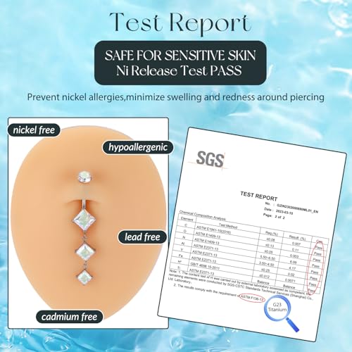 GAGABODY G23 Titanium Dangly Belly Button Ring Long Belly Rings Belly Piercing Jewelry 14G 3/8 inch 10mm Navel Barbell CZ Navel Piercing Ring - color: Style1:Silver+Dangle Square Shape Clear ABCZ