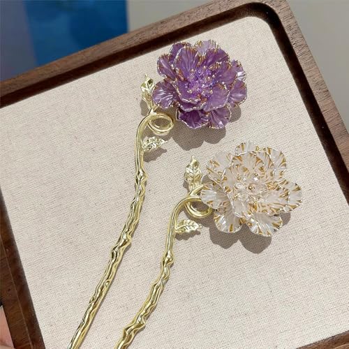2 Pcs Peony Hair sticks for buns,Hair pins for women,Buns and Updos with No Hair Damage,Metal French Pin Great Hold,Suitable for fine & thick hairUS375 (Purple + White) - color: Purple + White