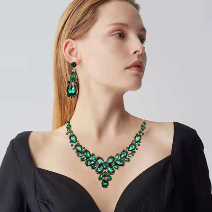 Women's Wedding Bridal Austrian Crystal Glass Teardrop Statement Necklace Dangle Earrings Bracelet Ring Wedding Party Jewelry Set for Bridal Bridesmaid - color: Green-Gold Plated