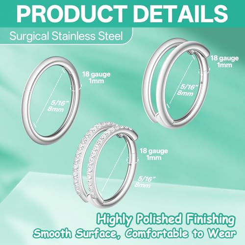 davka Nose Ring Set, 18G Hinged Hoop 8mm & 20G Nose Studs, Stainless Steel & Gold Plated, Hypoallergenic, Multiple Styles Nose Piercing Jewelry - color: Silver/3Pcs Hoops/18gauge 8mm/Set A
