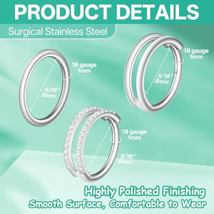 davka Nose Ring Set, 18G Hinged Hoop 8mm & 20G Nose Studs, Stainless Steel & Gold Plated, Hypoallergenic, Multiple Styles Nose Piercing Jewelry - color: Silver/3Pcs Hoops/18gauge 8mm/Set A