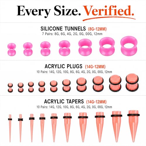 BodyJ4You 54PC Ear Stretching Kit 14G-12mm - Aftercare Jojoba Oil - Acrylic Plugs Gauge Tapers Silicone Tunnels - Lightweight Expanders Men Women - color: Transparent Pink