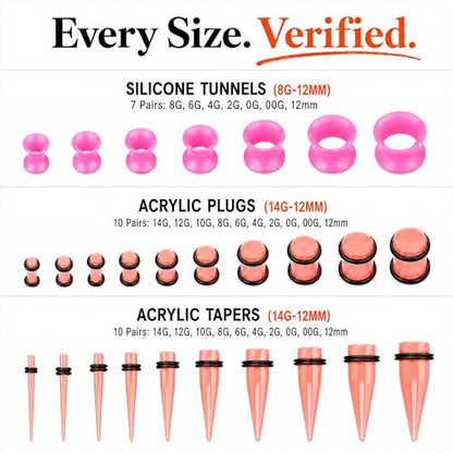 BodyJ4You 54PC Ear Stretching Kit 14G-12mm - Aftercare Jojoba Oil - Acrylic Plugs Gauge Tapers Silicone Tunnels - Lightweight Expanders Men Women - color: Transparent Pink
