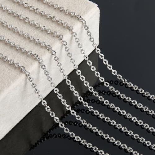 KYUNHOO 5M Flower Circle Chain Roll Silver Jewelry Chains for Necklace DIY | 304 Stainless Steel Chains Bulk Embossed Cable Link Sunflower Chain for Crafts Making - color: Oval Silver