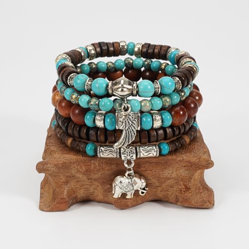 Boho Wooden Beads Bracelets Bohemian Bracelet Stack for Men Women Wood Beaded Bracelet Set - color: D
