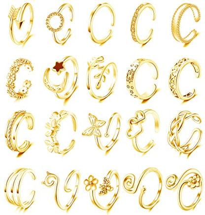 Staligue 20pcs Adjustable Toe Rings Set for Women Fingers Joint Tail Summer Beach Arrow Flower Open Rings Foot Jewelry - color: Golden
